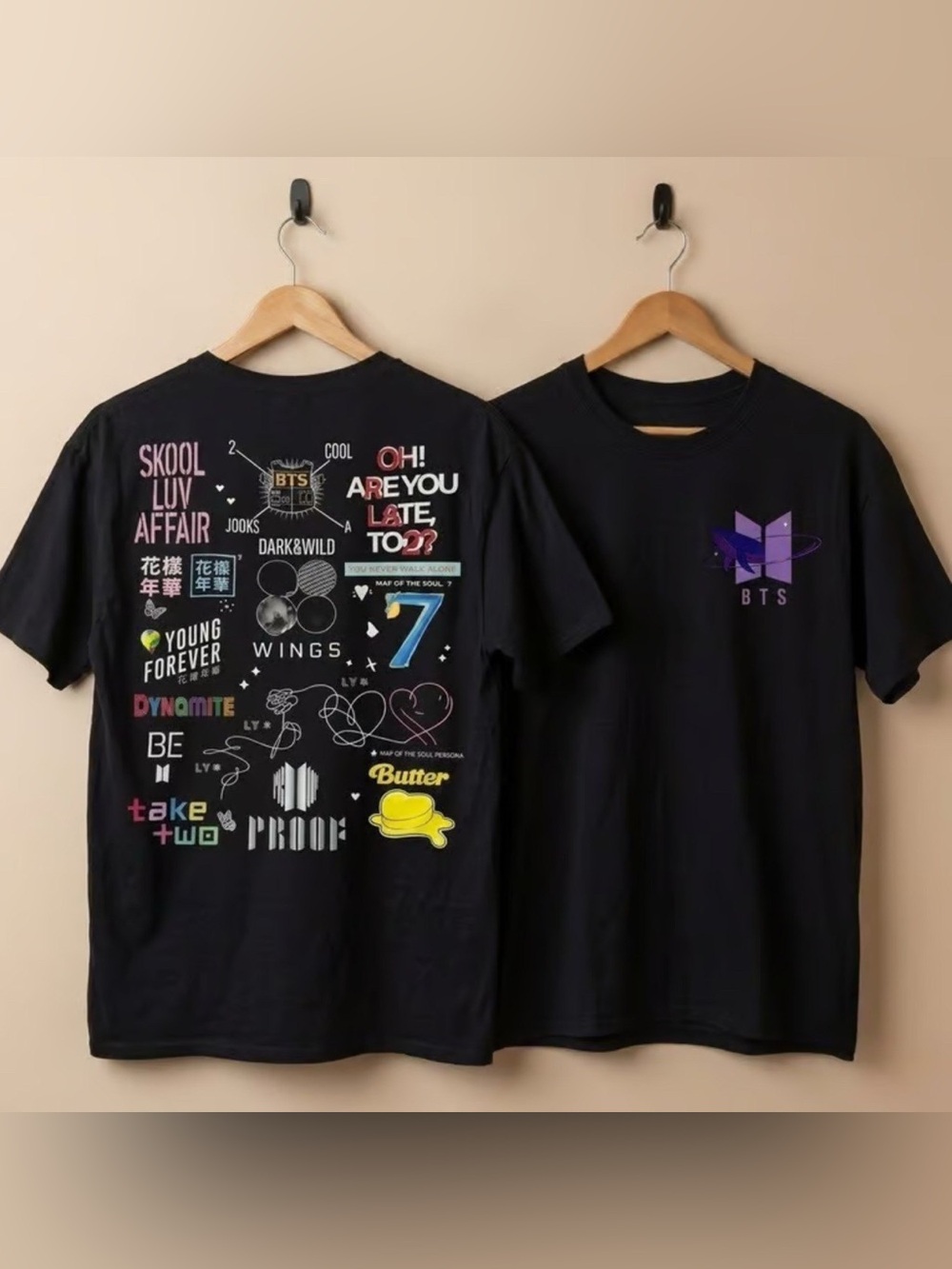 Gildan Black T-Shirt with Purple BTS Colorful Back Print